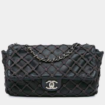 Pre Owned Chanel Black Jumbo Calfskin Canebiers Net Flap