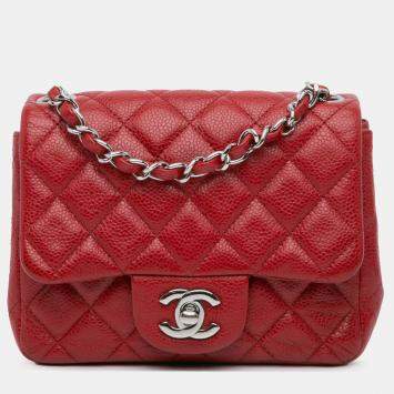 Pre Owned Chanel Red Mini Square Classic Caviar Single Flap