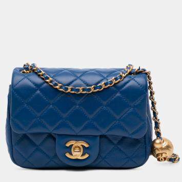 Pre Owned Chanel Blue Mini Square Classic Lambskin Pearl Crush Single Flap