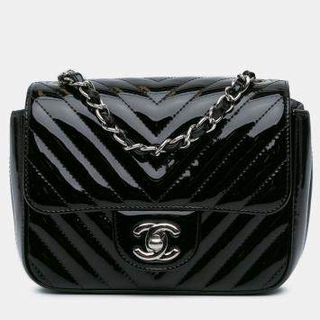 Pre Owned Chanel Black Mini Square Classic Chevron Patent Flap