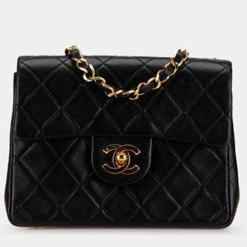 Pre Owned Chanel Black Small Square Quilted Lambskin Flap