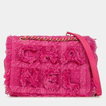 Pre Owned Chanel Pink Wool Tweed Giant Logo Flap