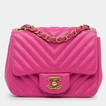 Pre Owned Chanel Pink Mini Square Classic Chevron Lambskin Single Flap