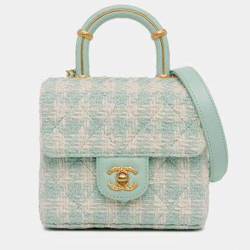 Pre Owned Chanel Blue Quilted Tweed Crush Top Handle Bag