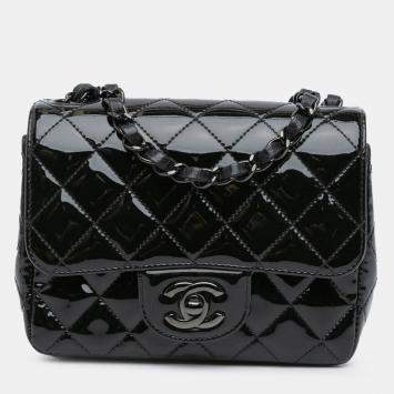 Pre Owned Chanel Black Mini Square Classic Patent So Black Single Flap