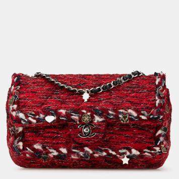 Pre Owned Chanel Red Medium Tweed Braided Charms Double Flap