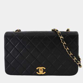 Pre Owned Chanel Full Flap Turnlock Black Leather Shoulder Bag