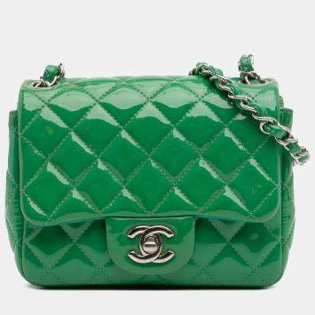 Pre Owned Chanel Green Mini Square Classic Patent Single Flap