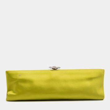 Pre Owned Chanel Green Satin Crystal Camellia Evening Frame Clutch