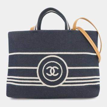 Pre Owned Chanel 2-Way Hand/Shoulder Bag In Denim Navy White And Brown. Denim Shopping Bag.