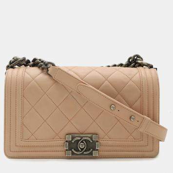 Pre Owned Chanel Boy Chanel 25 Matelasse Coco Mark Chain Shoulder Bag Baby Pink Lambskin