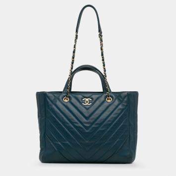 Pre Owned Chanel Blue CC Chevron Calfskin Statement Shopping Tote