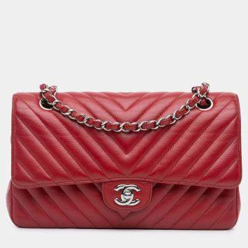 Pre Owned Chanel Red Medium Classic Chevron Caviar Double Flap