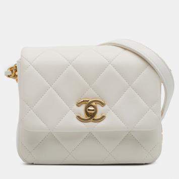 Pre Owned Chanel White Mini Quilted Lambskin Side Note Flap