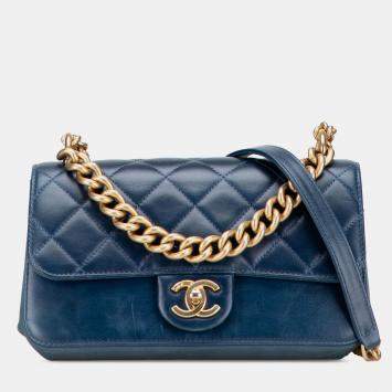 Pre Owned Chanel Blue Small Quilted Calfskin Straight Lined Flap