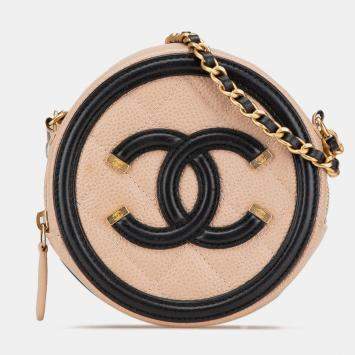 Pre Owned Chanel Beige Black Caviar CC Filigree Round Crossbody