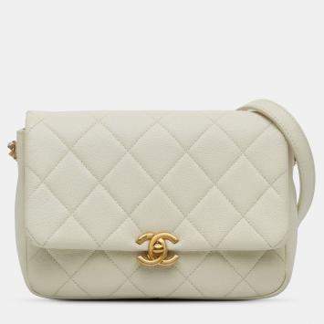 Pre Owned Chanel Cream Small Quilted Caviar Chain Melody Flap