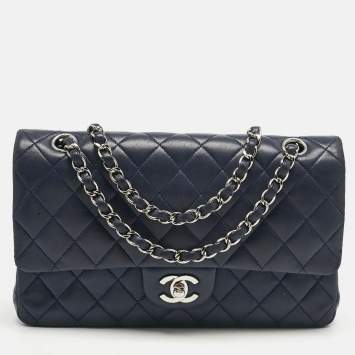 Pre Owned Chanel Navy Blue Quilted Leather Medium Classic Double Flap Bag