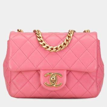 Pre Owned Chanel Pink Mini Square Lambskin Pearl Samba Flap