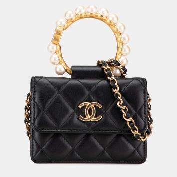 Pre Owned Chanel Black Quilted Lambskin Pearl Crown Clutch On Chain