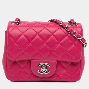 Pre Owned Chanel Pink Mini Square Classic Lambskin Single Flap