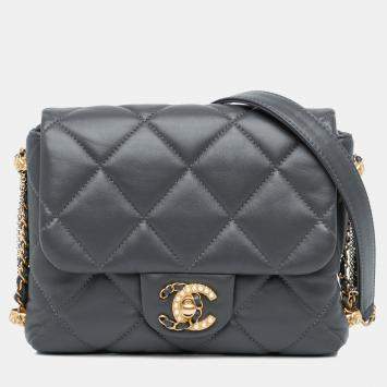 Pre Owned Chanel Grey Mini Quilted Lambskin Crush on Chains Flap