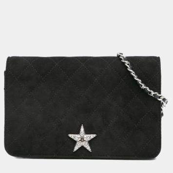 Pre Owned Chanel Black Quilted Suede Cocostellar Wallet on Chain