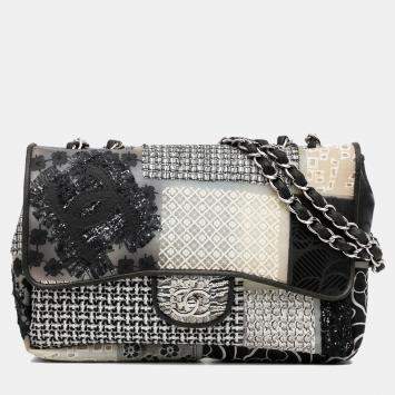 Pre Owned Chanel White Jumbo PVC and Tweed Patchwork Single Flap