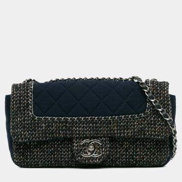 Pre Owned Chanel Blue Small Jersey Tweed Flap