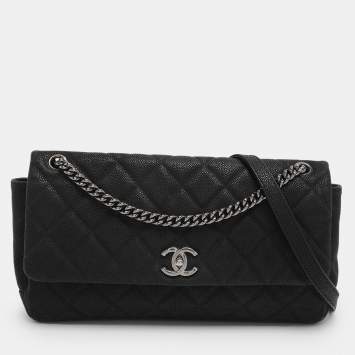 Pre Owned Chanel Matte Black Quilted Caviar Leather Medium Lady Pearly Flap Bag