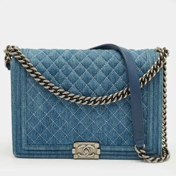 Pre Owned Chanel Blue Quilted Denim Large Boy Flap Bag