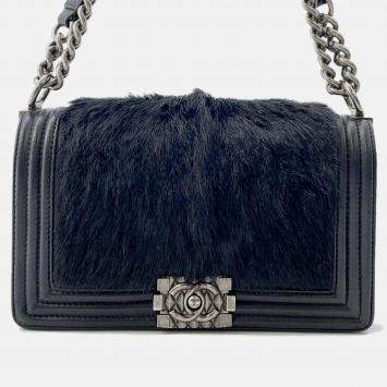 Pre Owned Chanel Boy Chanel Chain shoulder Bag Black Leather Fur Size 23