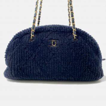 Pre Owned Chanel Coco Neige Bowling Bag Navy Shearling Lambskin Size Large
