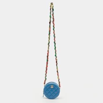 Pre Owned Chanel Blue Quilted Leather Ribbon Round Chain Clutch