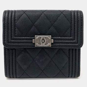 Pre Owned Chanel Black Leather Caviar Boy Bifold Wallet