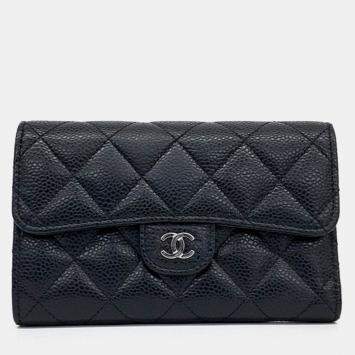 Pre Owned Chanel Black Leather Caviar Medium Wallet