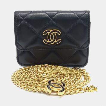 Pre Owned Chanel Black Leather Chain Belt Bag