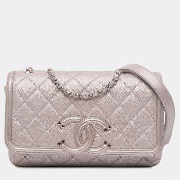 Pre Owned Chanel Silver Small Metallic Caviar CC Filigree Flap