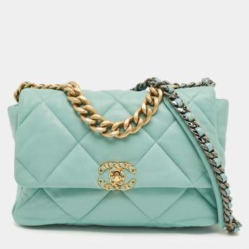 Pre Owned Chanel Mint Blue Quilted Leather Large 19 Flap Bag