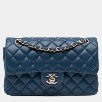Pre Owned Chanel Blue Small Classic Lambskin Double Flap