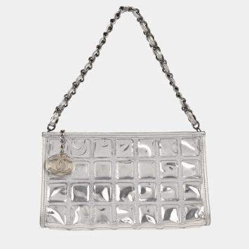 Pre Owned Chanel Silver PVC Lambskin Ice Cube Shoulder Bag