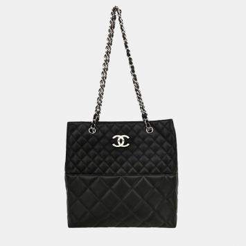 Pre Owned Chanel Black Calfskin Shoulder Tote Bag