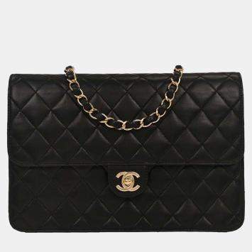 Pre Owned Chanel Black Lambskin Turnlock Medium Half Flap Shoulder Bag