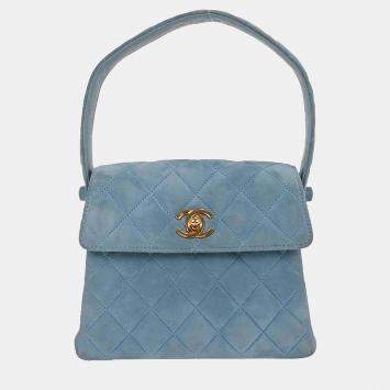Pre Owned Chanel Light Blue Suede Straight Flap Handbag