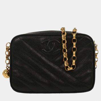 Pre Owned Chanel Black Calfskin Bias Stitch Camera Bag Mini