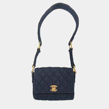 Pre Owned Chanel Blue Denim Straight Flap Shoulder Bag