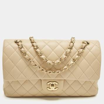 Pre Owned Chanel Beige Quilted Leather Medium Classic Double Flap Bag