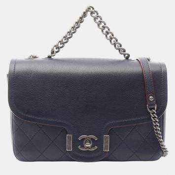 Pre Owned Chanel Blue Paris Greece Calfskin Archi Chic Flap