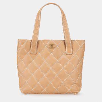 Pre Owned Chanel Brown Small CC Calfskin Wild Stitch Tote