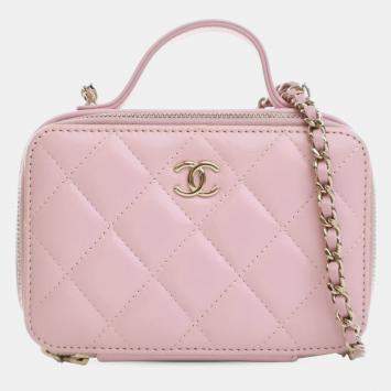 Pre Owned Chanel Pink Mini CC Glazed Calfskin Double Zip Top Handle Vanity Case